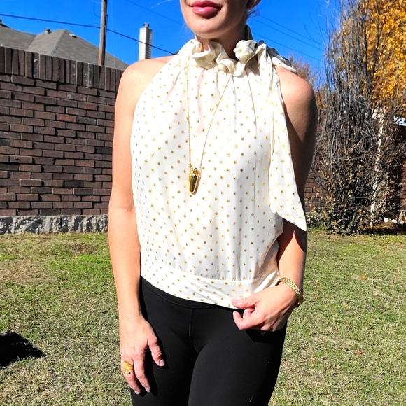 eccoci Tops - ECCOCI gold polka-dot  silk blouse